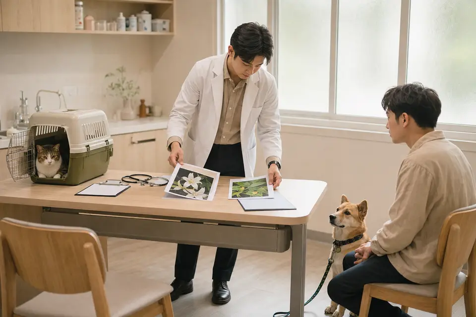 獸醫師查看貓咪與狗狗的植物接觸紀錄，桌上有百合花照片