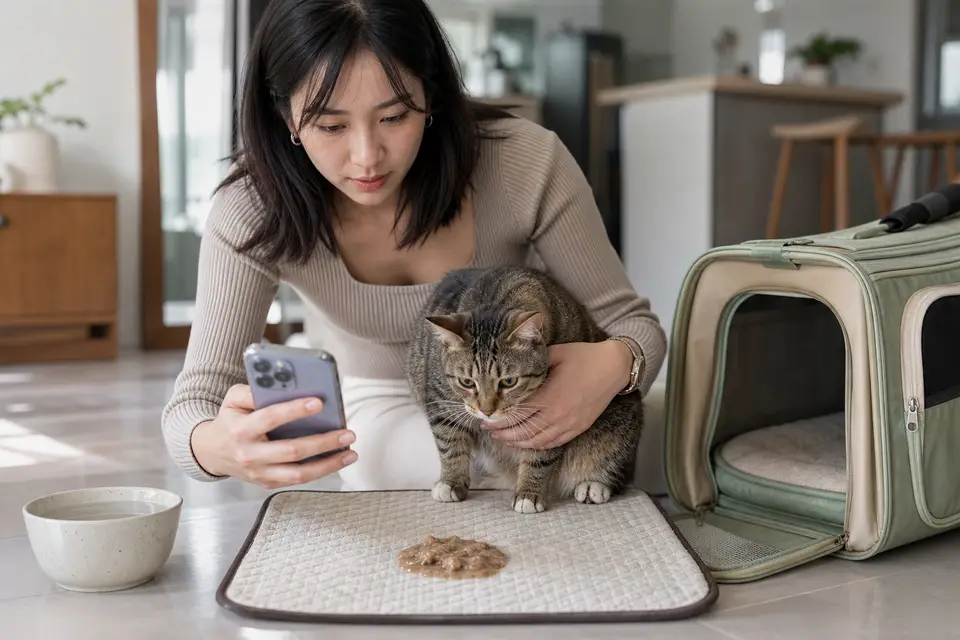 飼主用手機記錄貓咪嘔吐物與時間，旁邊放著外出籠和飲水（示意圖）