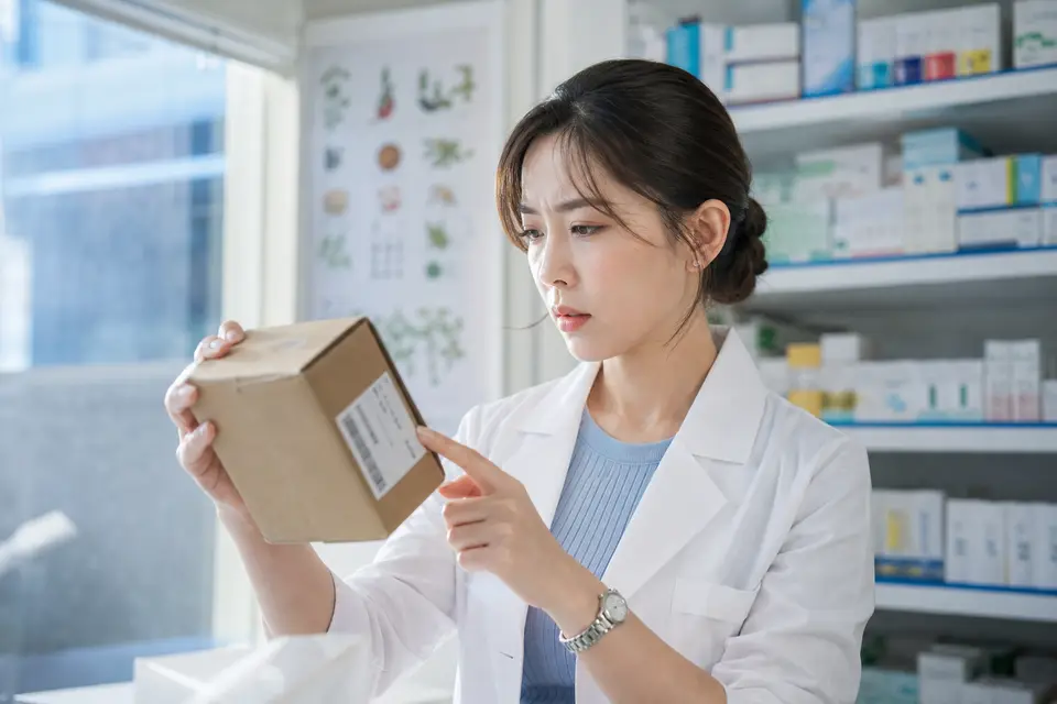 藥師檢視血糖感測器產品包裝上的批號標示