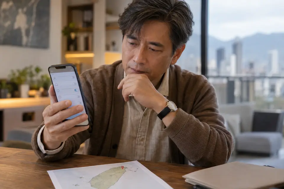 手機應用程式畫面旁有台灣地圖與功能可用性提示