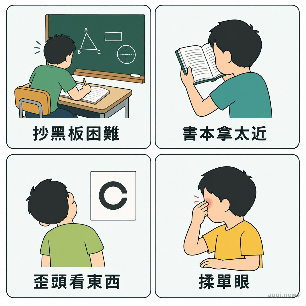 兒童瞇眼、歪頭、遮住一眼與閱讀困難的觀察對照
