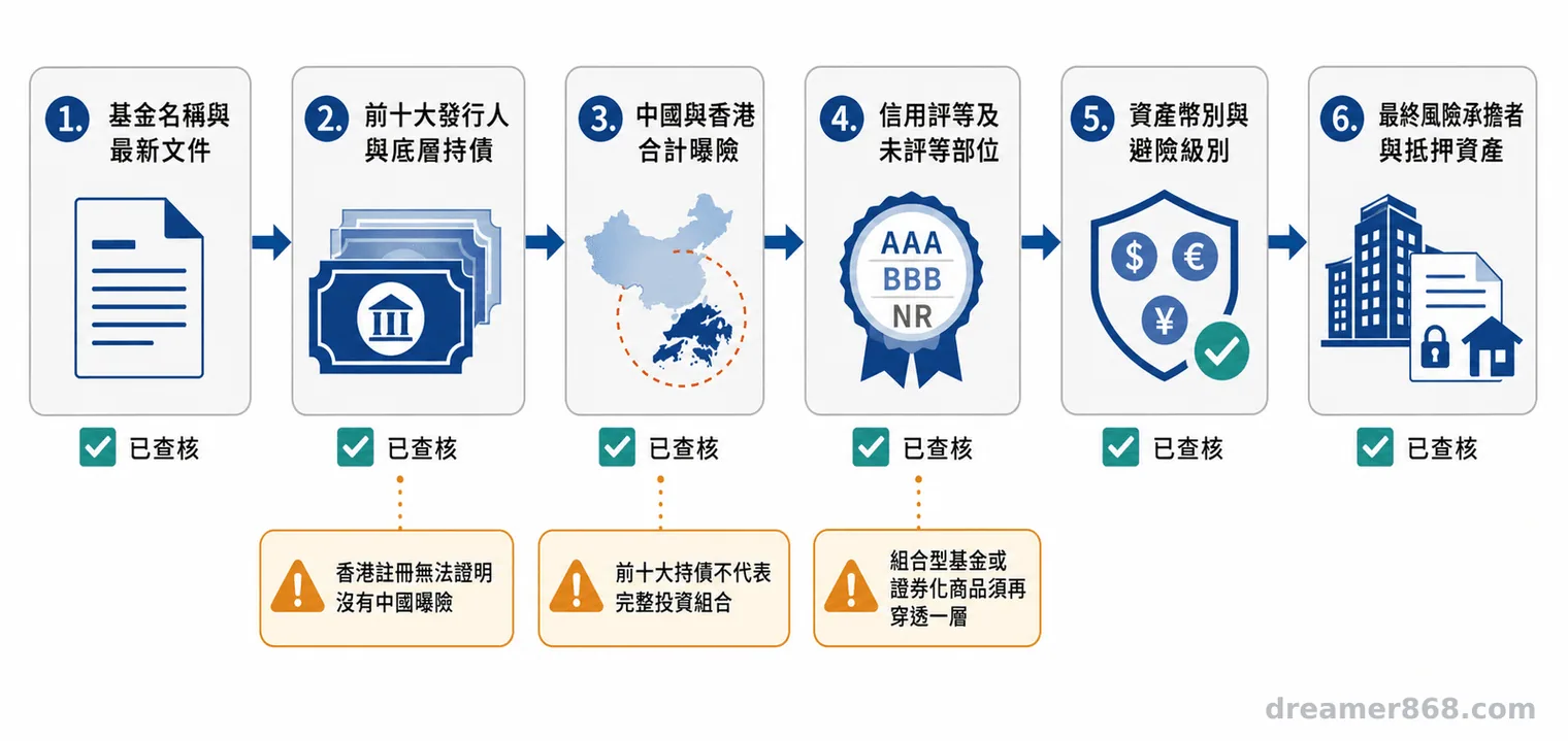 箭頭流程圖由基金文件逐層查核發行人、地區曝險、信用評等、幣別、避險方式及最終風險承擔者。