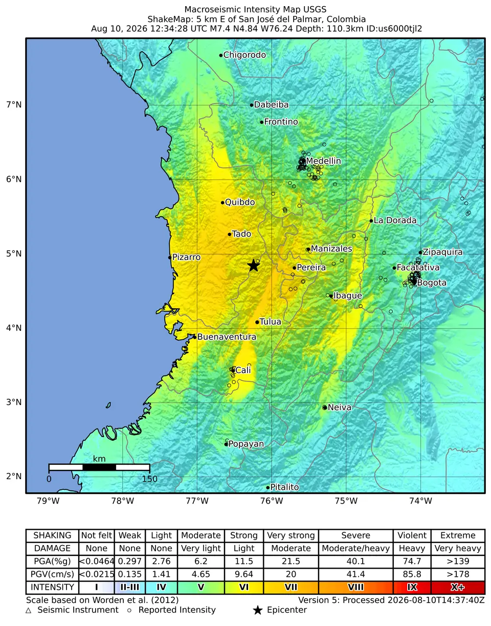 Peta lokasi pusat gempa M 7,4 di wilayah Chocó, Kolombia