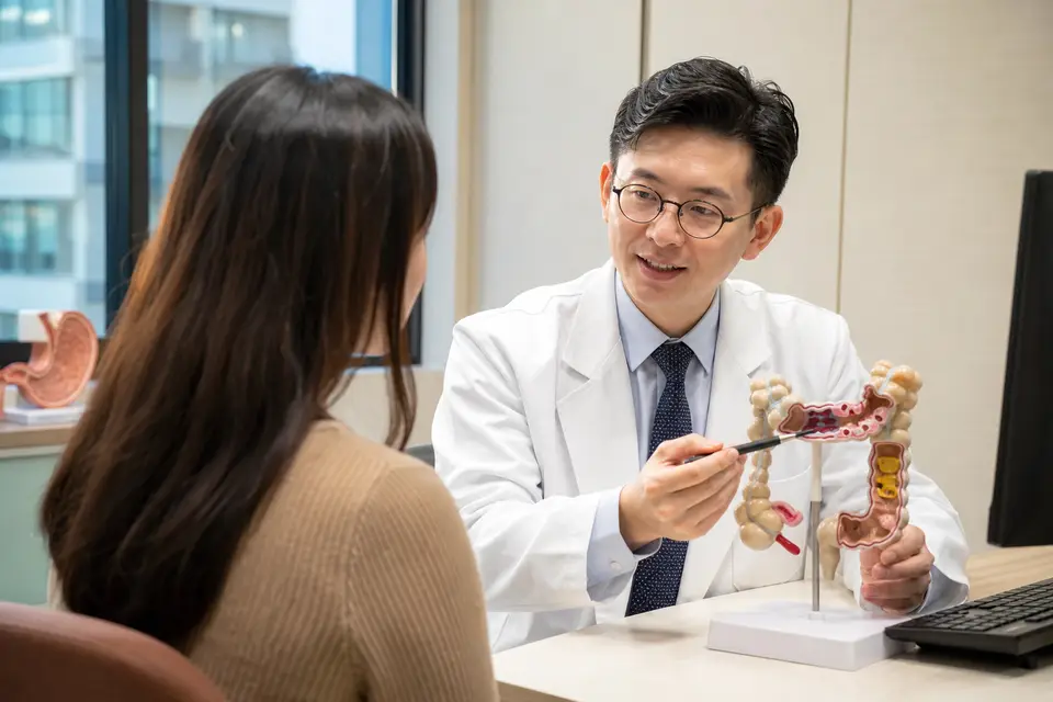 醫師在診間向民眾說明大腸鏡檢查示意
