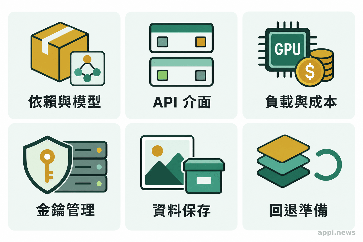 六張檢查卡片呈現部署前的依賴、API 介面、負載與成本、金鑰、資料保存及回退準備。