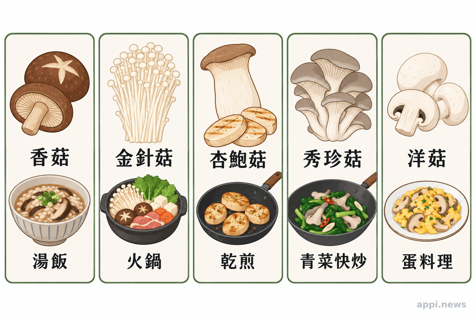 五張並列料理卡片以香菇配湯飯、金針菇配火鍋、杏鮑菇乾煎、秀珍菇配青菜快炒、洋菇配蛋料理。