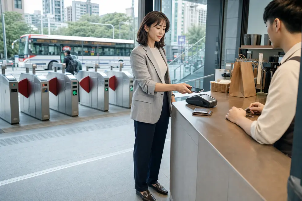 台灣商店收銀台前以手機感應付款的行動支付畫面