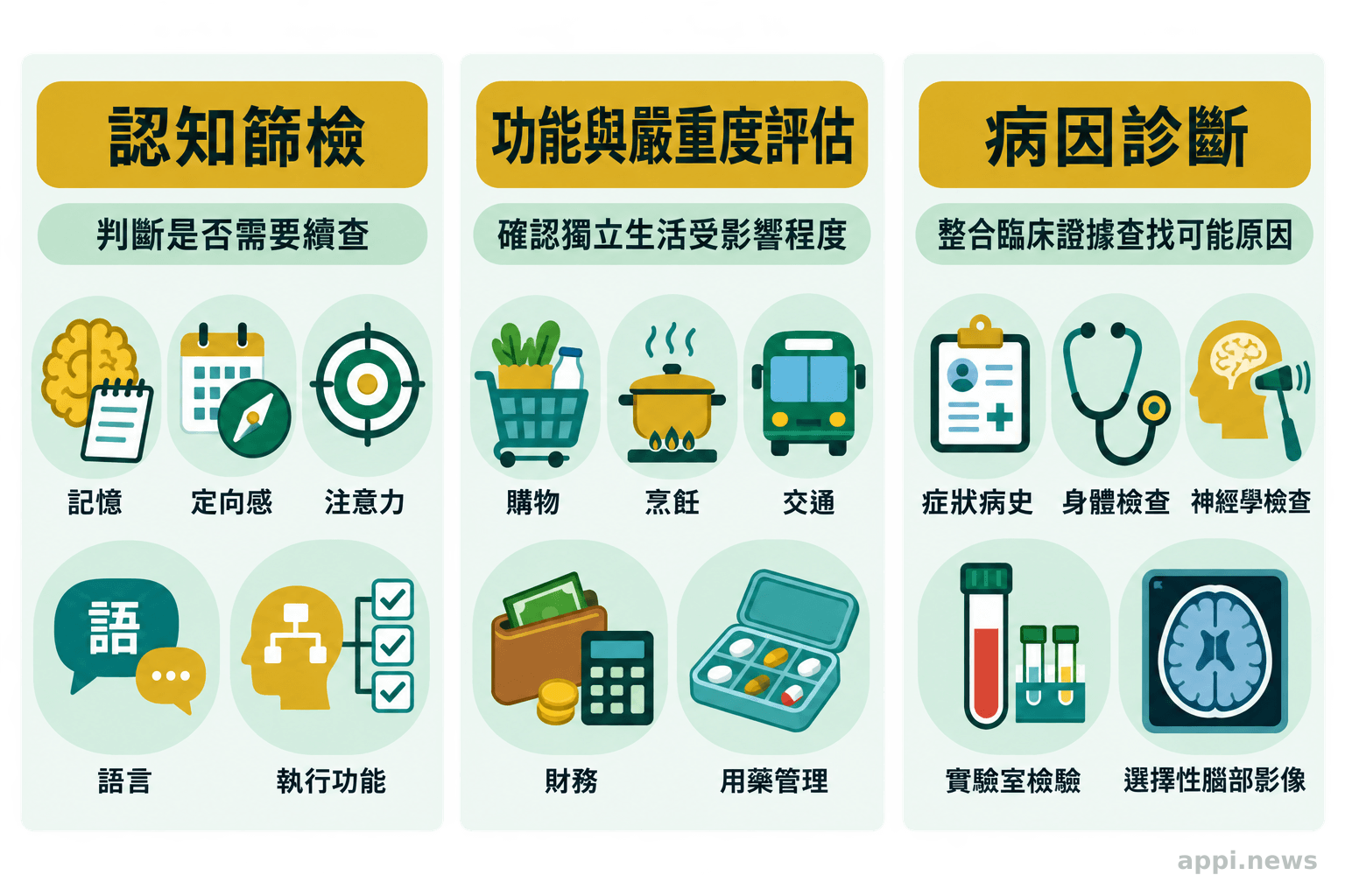 三欄資訊圖並列認知篩檢、功能與嚴重度評估，以及整合病史和檢查的病因診斷。