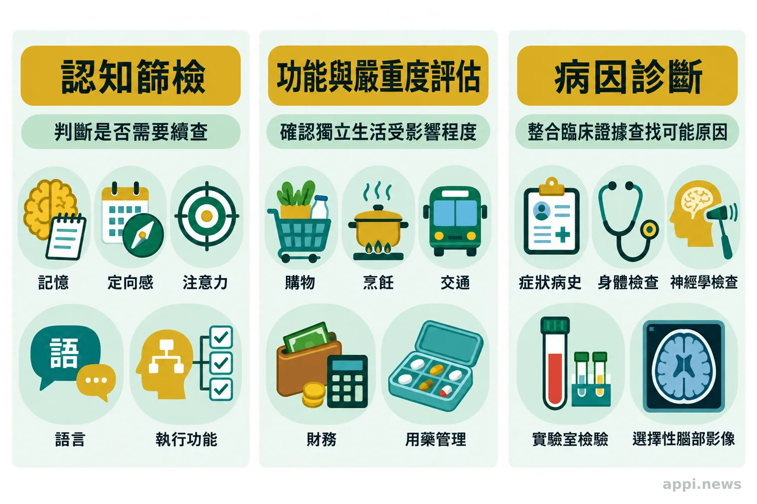 三欄資訊圖並列認知篩檢、功能與嚴重度評估，以及整合病史和檢查的病因診斷。