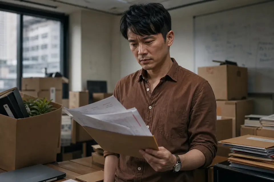新創公司辦公室內堆放文件，呈現財務困境與經營壓力的示意畫面（示意圖）
