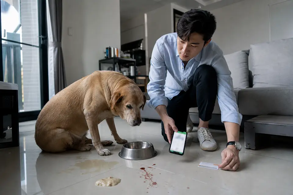 狗狗坐在水碗旁，旁邊放著動物醫院聯絡資訊