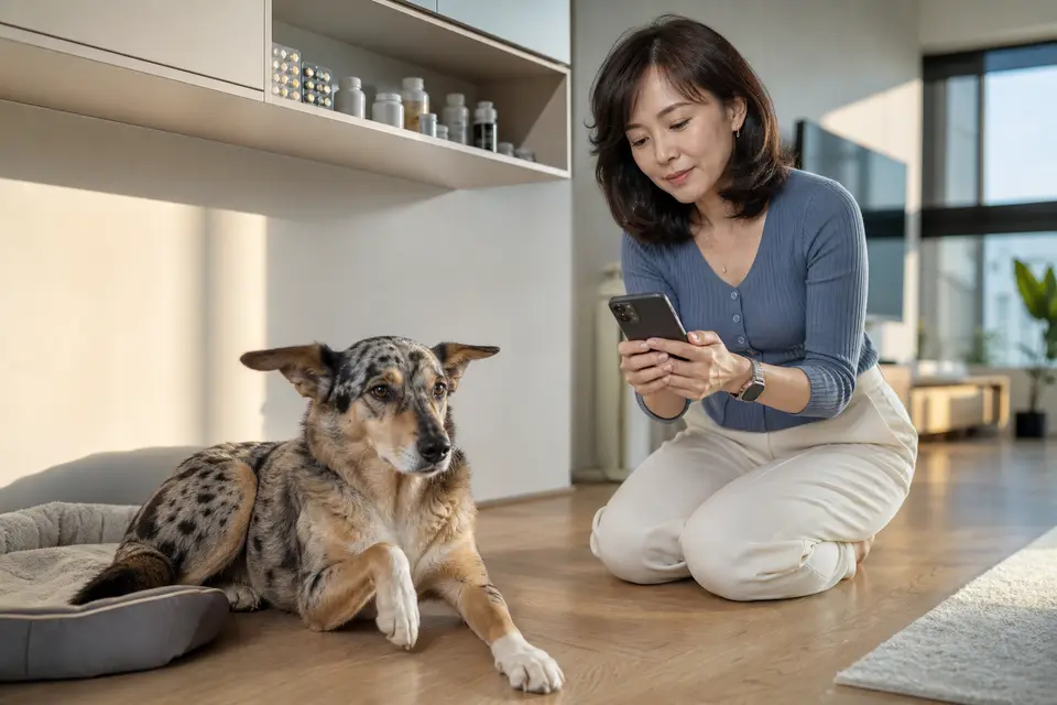 藥品收在高處櫃內，狗狗在地面安全休息，飼主手持手機準備詢問獸醫師，不呈現品牌或藥名