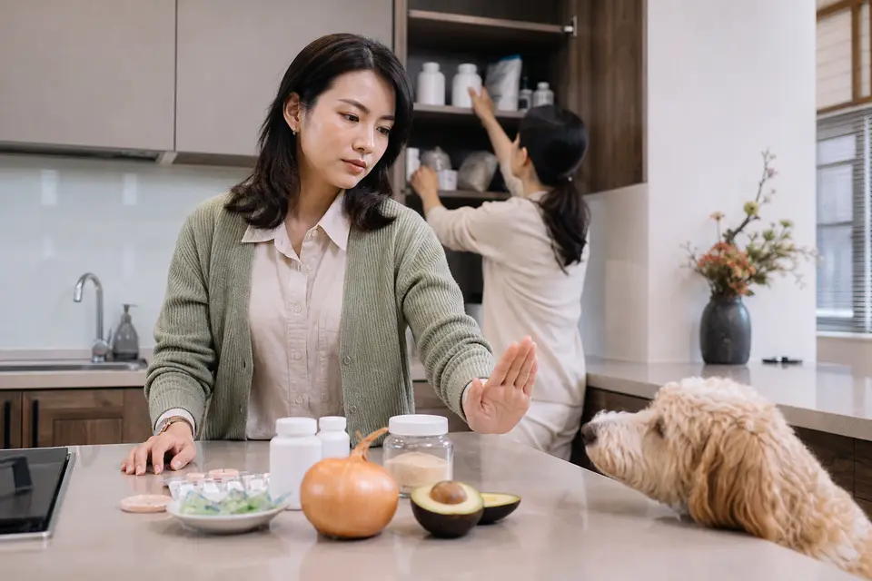 手掌阻止狗狗靠近家庭藥品與食物，物品收在高處的櫃子裡