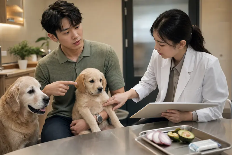幼犬、高齡犬與飼主在動物醫院由醫療人員評估誤食情況