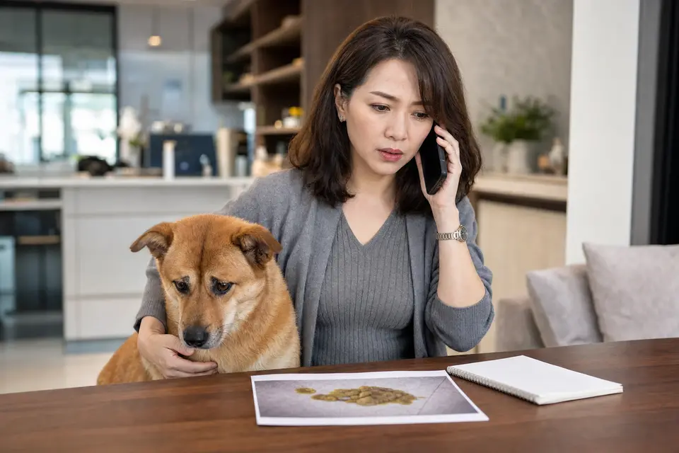 狗狗在飼主陪同下等待聯絡動物醫院，桌上有嘔吐物照片與急診電話紀錄（示意圖）