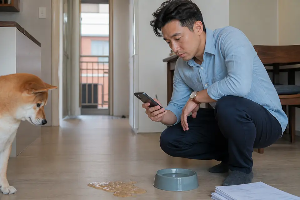飼主用手機記錄狗狗嘔吐物的顏色與時間，旁邊放著水碗和就醫資料（示意圖）