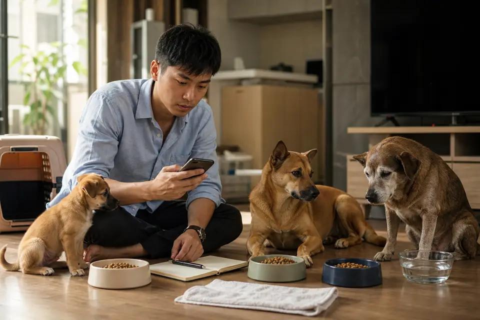 幼犬、成犬與高齡犬由飼主分別記錄飲食和精神狀況，呈現不同生命階段的照護需求（示意圖）