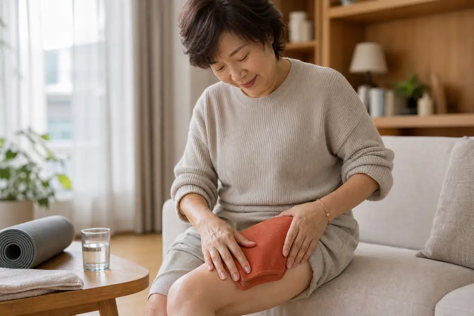 一個人在大腿上使用熱敷袋舒緩肌肉痠痛