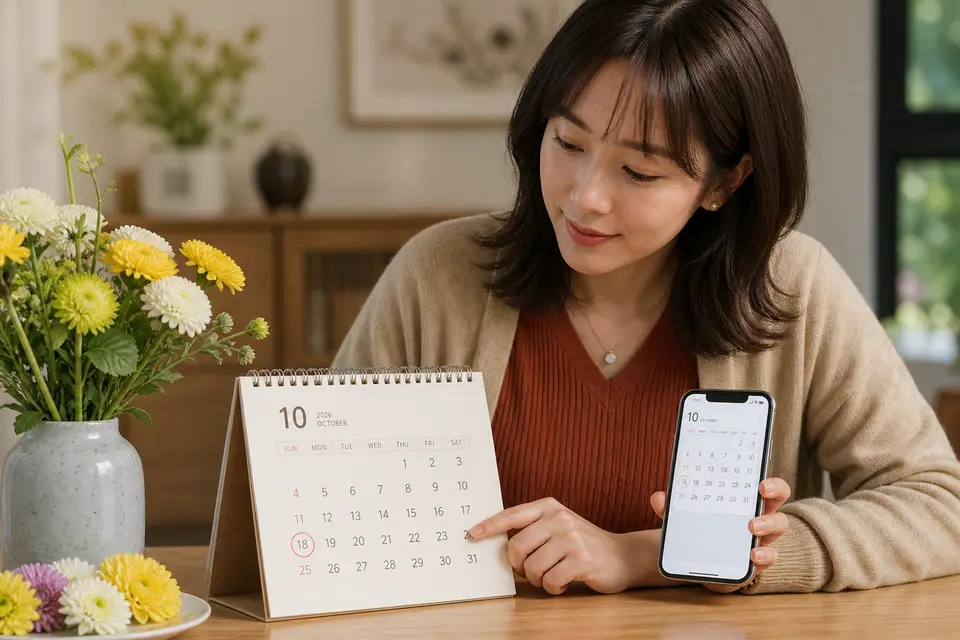 標示10月18日的秋日日曆與菊花靜物畫面