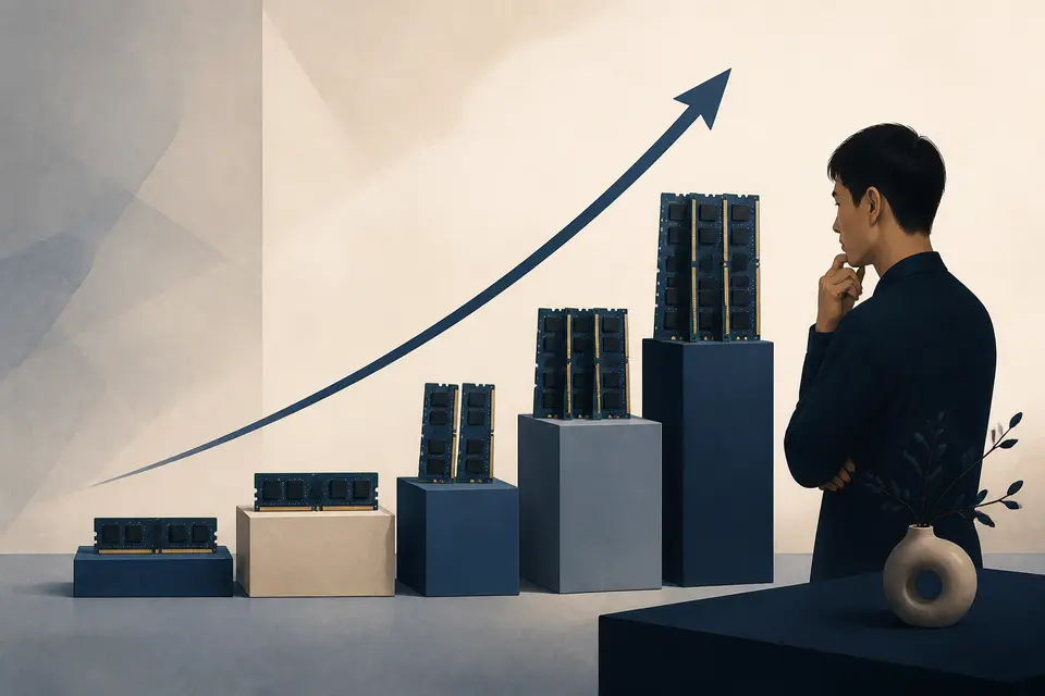 堆疊的記憶體模組與代表價格走高的箭頭示意圖