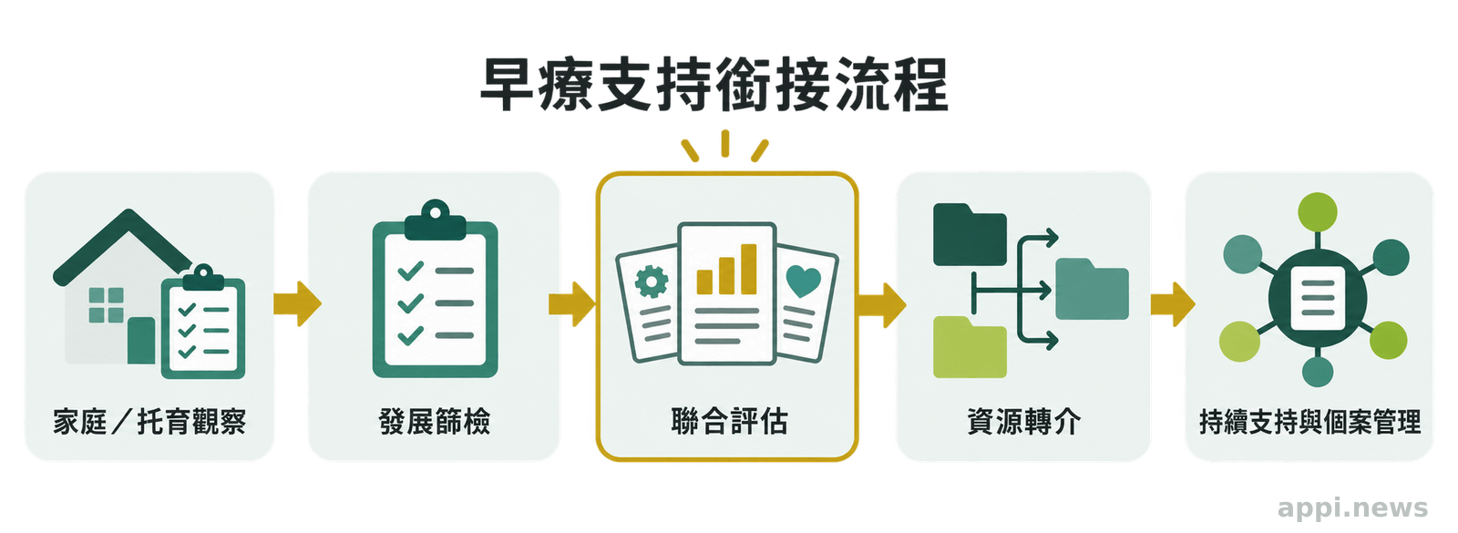 流程圖依序呈現家庭觀察、發展篩檢、聯合評估、資源轉介與家庭持續支持