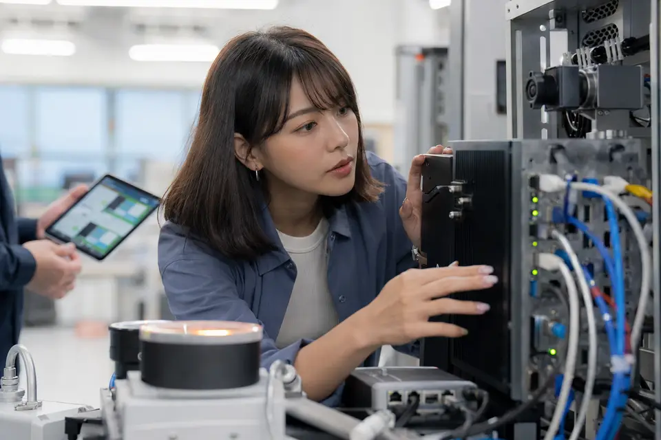 工程師在工業電腦前檢查邊緣 AI 部署與設備狀態