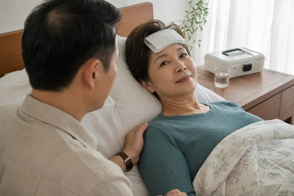 家人在床邊陪同休息中的長者並留意狀況