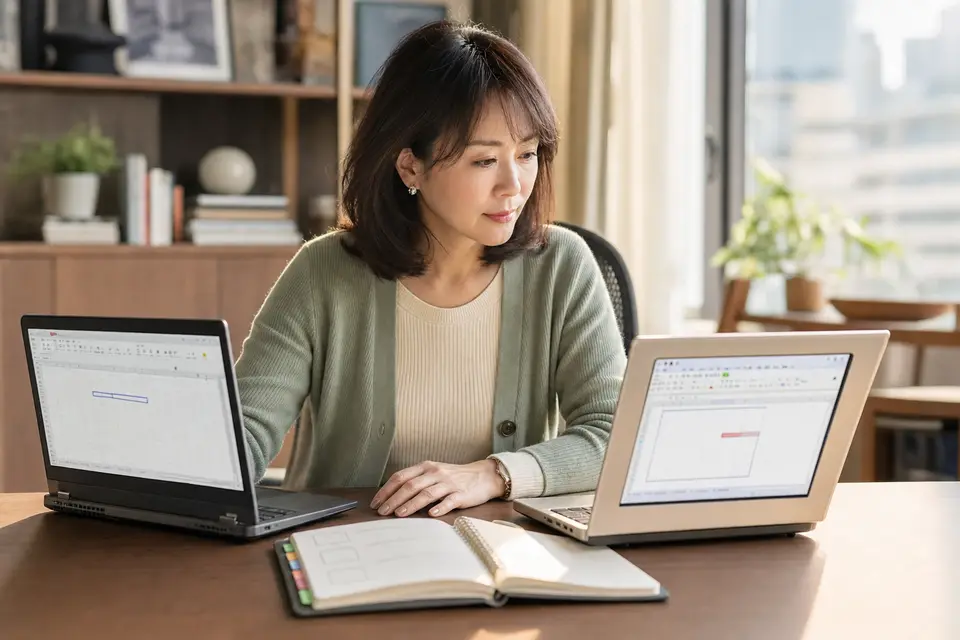 辦公桌上以兩台筆電和版本檢查筆記呈現 Excel 相容性問題，沒有可讀文字