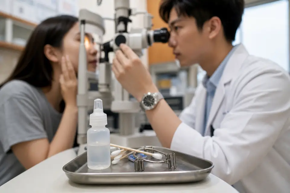 眼科診間內,醫師拿著檢查燈準備為患者檢查眼睛