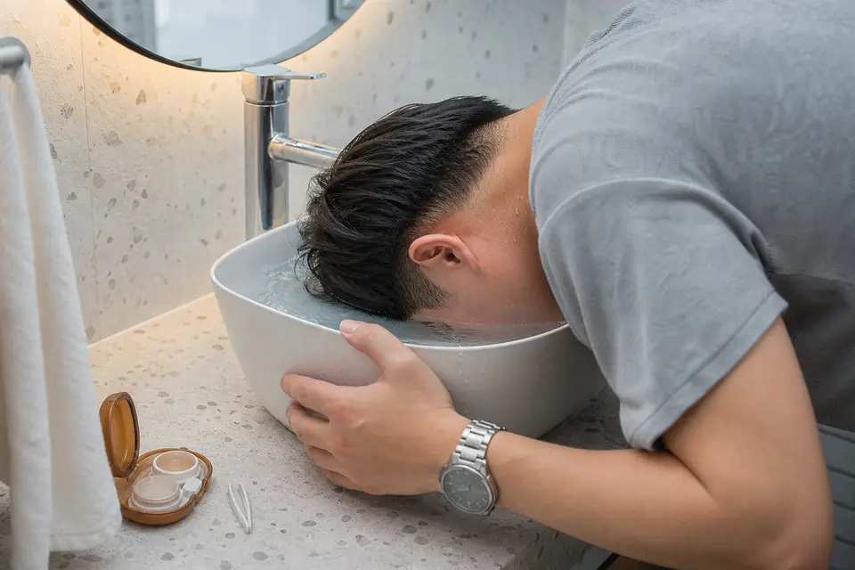 一個人把臉靠近裝水的臉盆,示意錯誤的眼睛異物處理方式
