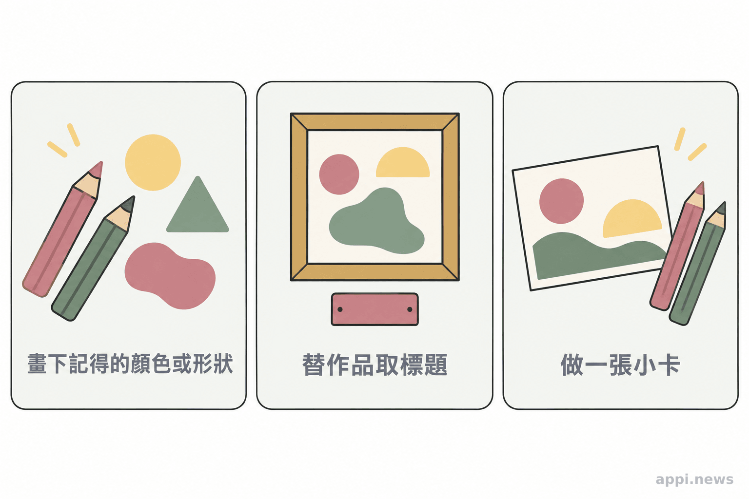 三個並列的小卡片呈現看展後的延伸方式:畫下記得的顏色或形狀、替作品取標題,以及做一張小卡。