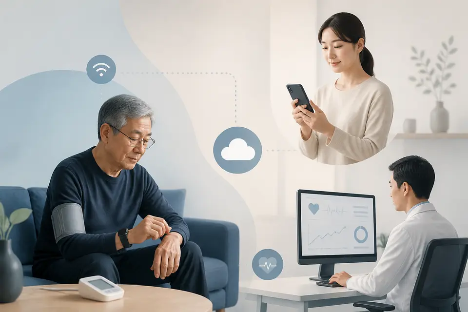 慢性病血壓監測與遠距照護，象徵 TEMPO 醫材用於 Medicare 病患時的安全把關與知情同意