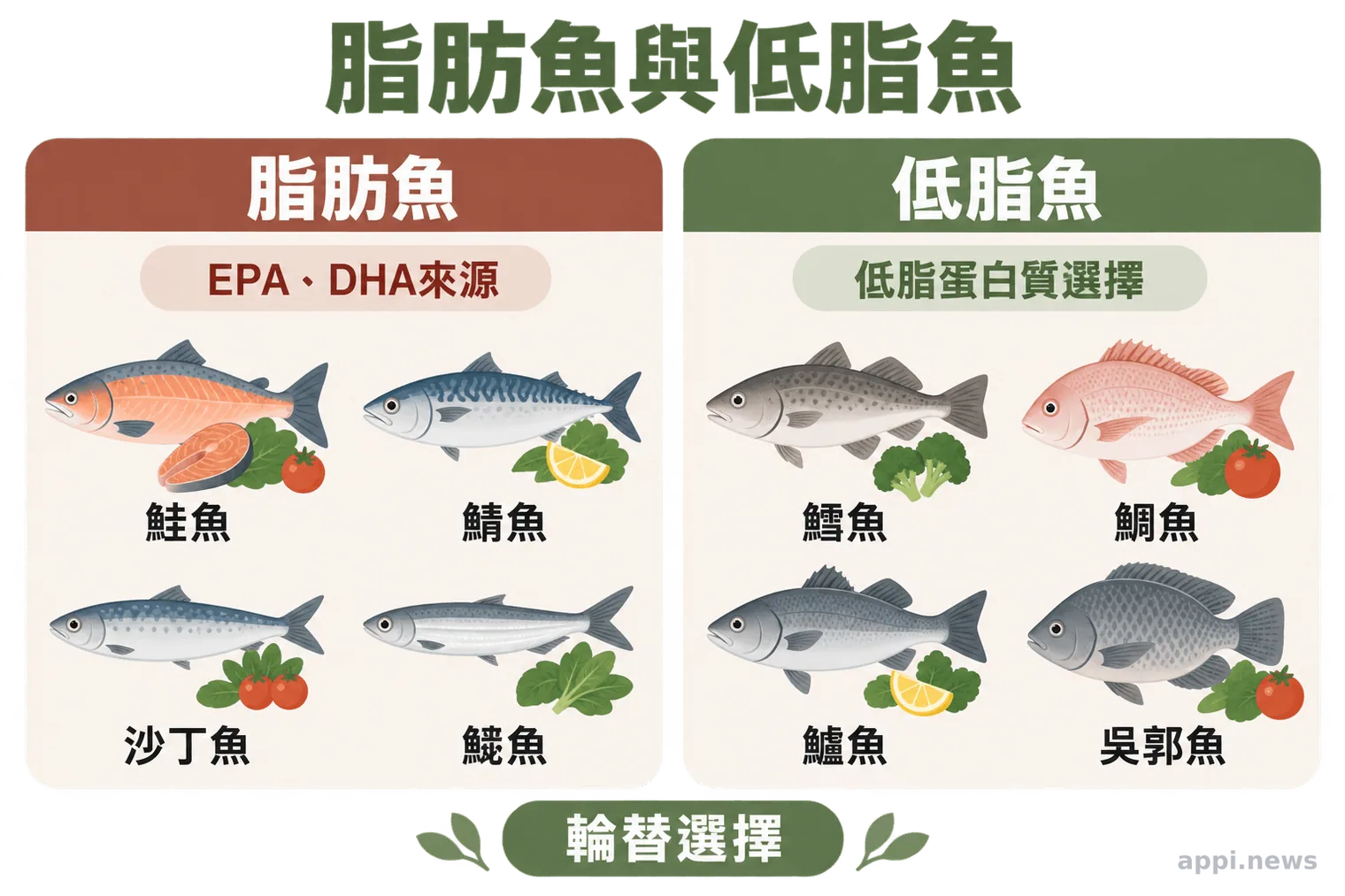 資訊圖以左右兩區比較脂肪魚與低脂魚，分別呈現EPA、DHA來源與低脂蛋白質選擇。