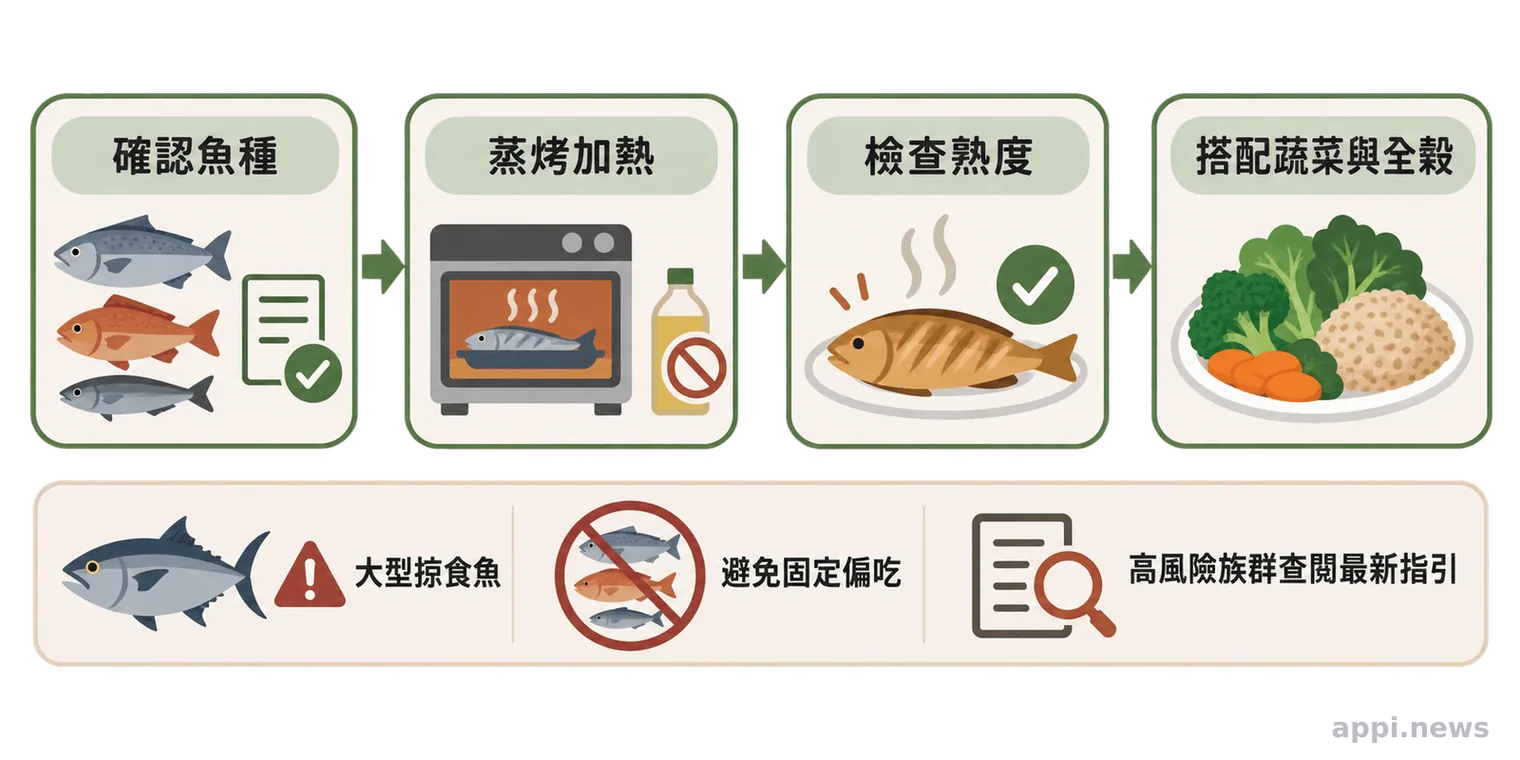 廚房流程圖以箭頭串連確認魚種、蒸烤加熱、檢查熟度與搭配蔬菜主食的步驟，旁邊標示大型掠食魚需避免固定偏吃。