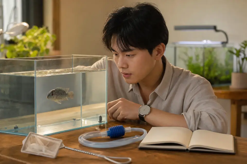 隔離缸中的觀賞魚，旁邊有專用網具、虹吸管與水質紀錄本，呈現就醫前的分缸照護