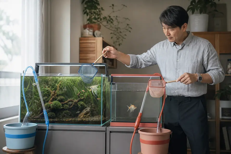 魚缸旁分開擺放主缸與隔離缸器具，並以標籤區分，呈現避免交叉污染的錯誤修正