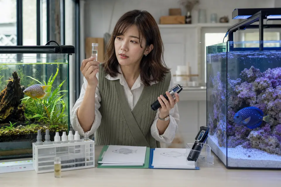 淡水缸與海水缸並列，分別標示水質檢測與魚種紀錄，呈現不同魚缸不可直接套用同一處置