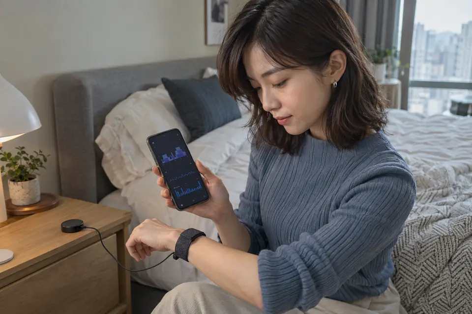 Garmin 台灣 Index 健康睡眠臂帶與手機上的睡眠分析畫面（示意圖）