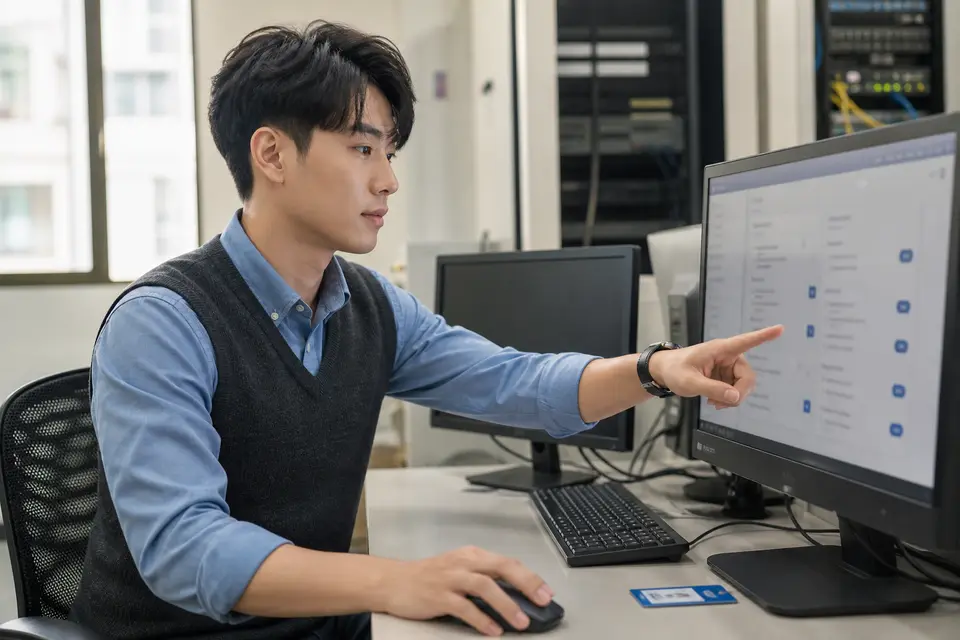 台灣學校資訊室管理員坐在電腦前檢視 Google Workspace for Education 的 Gemini 存取設定，呈現校方集中管理情境