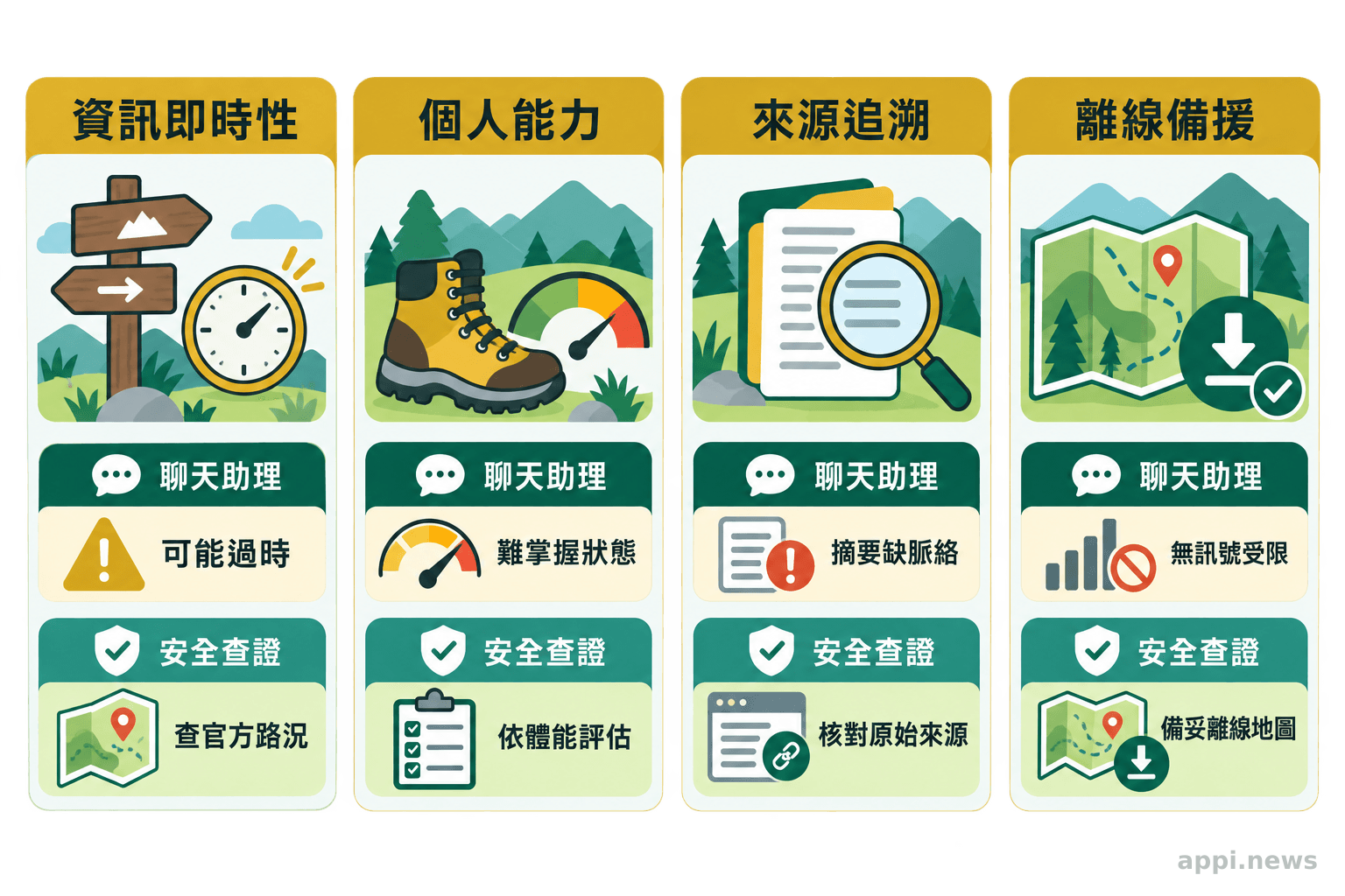 四張並列卡片比較聊天助理與官方及現場查證在資訊即時性、個人能力評估、來源追溯和離線備援上的差異。