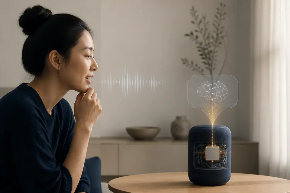 手機畫面與語音波形組成的語音助理操作情境