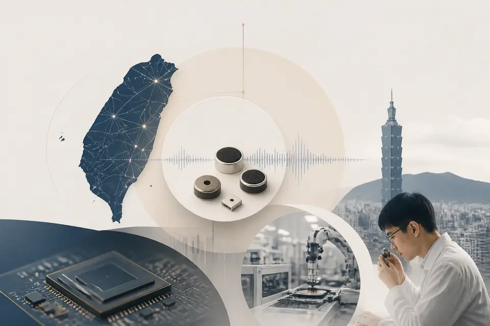 台灣城市、Gemini語音波形與Google裝置組成的科技情境畫面