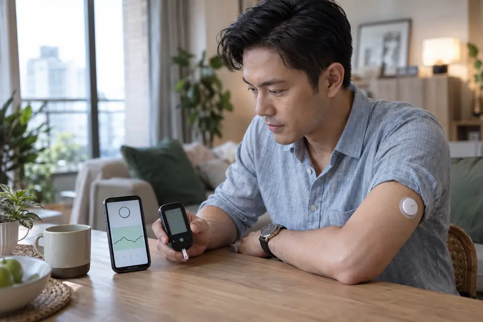 血糖機與手機上的連續血糖監測 App 並排，呈現交叉確認讀值