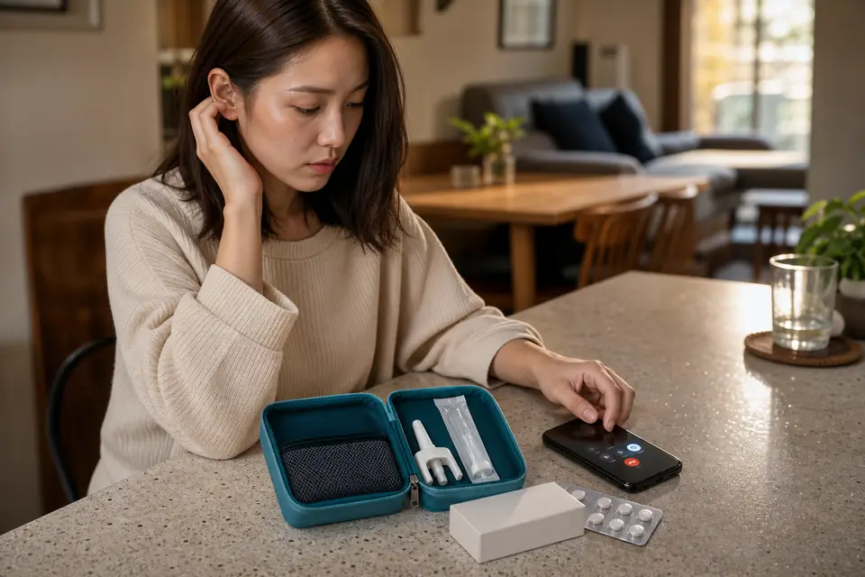 桌面放著急救電話、藥品包裝與納洛酮器材，呈現疑似藥物過量時的求助場景