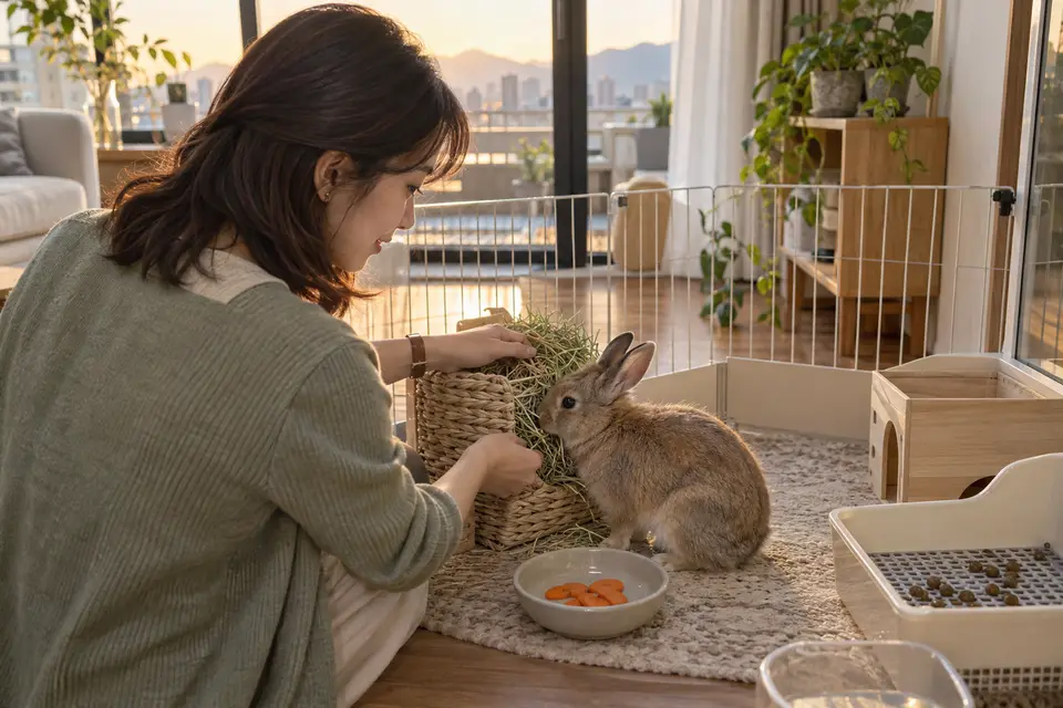室內兔子在牧草架旁進食，旁邊放著少量紅蘿蔔切片