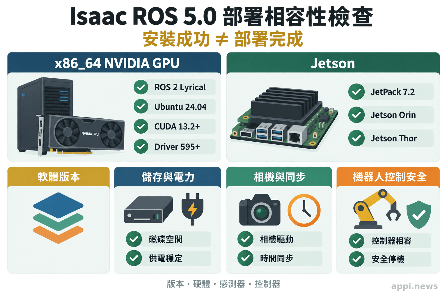Isaac ROS 5.0 部署檢查圖並列呈現 x86_64 GPU 與 Jetson 路徑，以及軟體、儲存、感測器和安全控制條件