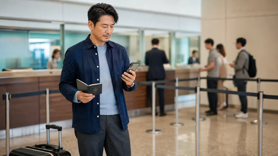 一名台灣旅客在機場入境區拿著護照與手機，準備依指示接受入境審查