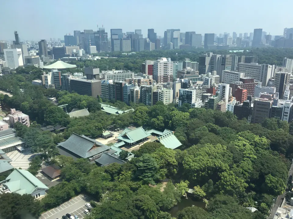 從高處俯瞰東京靖國神社境內建築群與周邊綠地