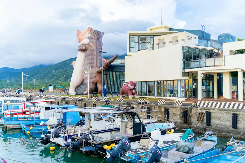 渡輪在海港附近航行，呈現離島旅運的搭船情境
