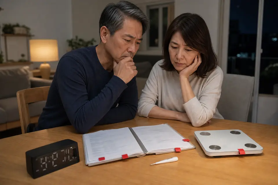桌上有夜間時鐘、體重計、病歷與紅色警示標記，象徵下背痛全身性紅旗症狀